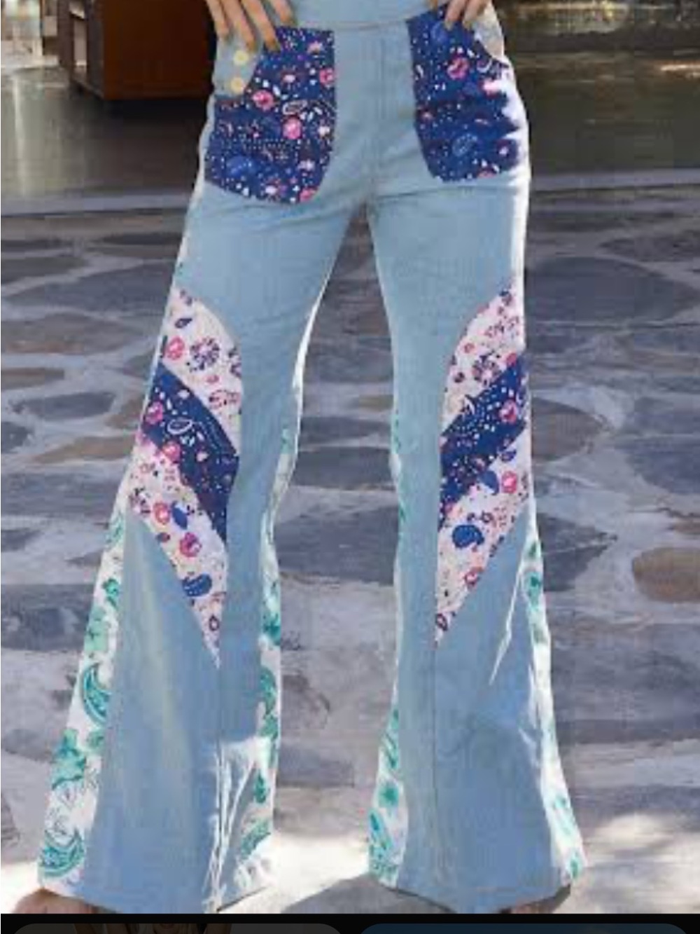 Chasing Unicorns Light Blue Patchwork Flare Jeans with Navy & Floral Accents - Picture 2 of 5